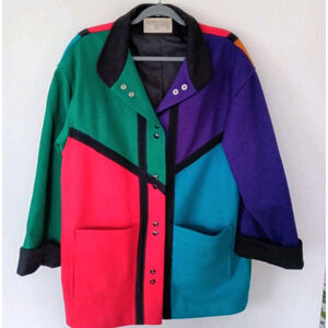 Vintage International Scene Colorblock Wool Coat 70s Women 9/19 Colors Abstract